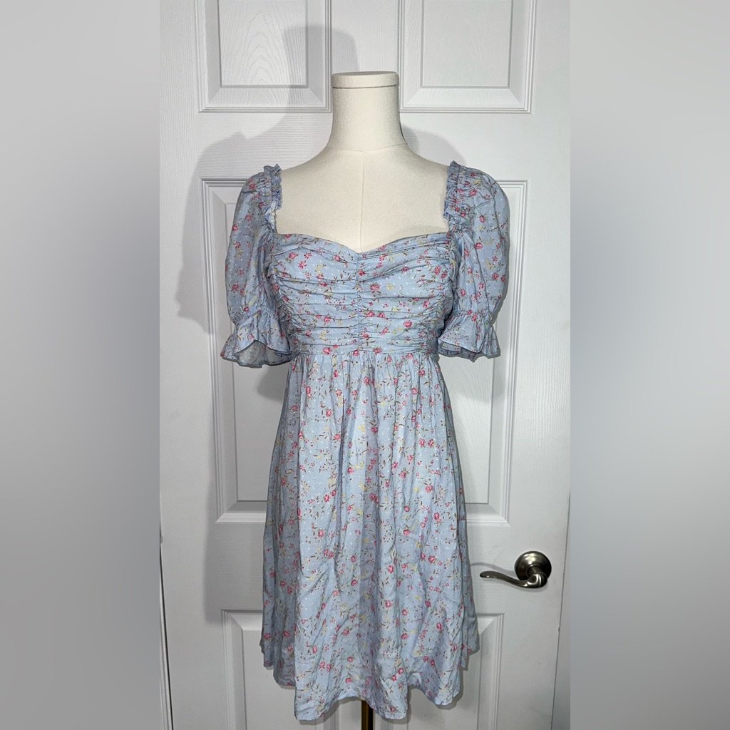 August The Label Blue Floral Puff Sleeve Dress Size Xs